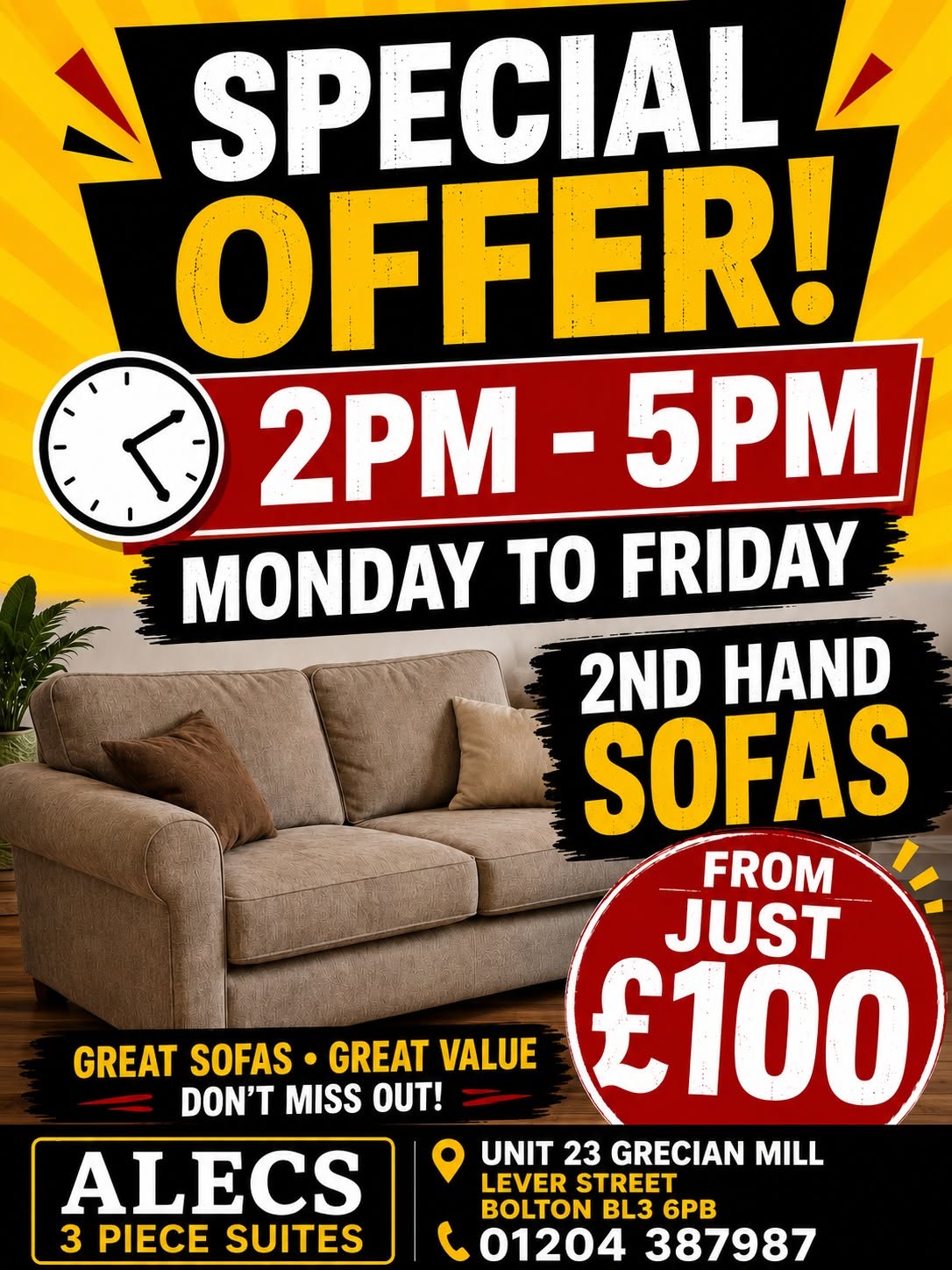 Alec's Afternoon Sale - second hand sofas and sofa sets from just &pound;100, 2pm to 5pm Monday to Friday at Alec's 3 Piece Suites, Bolton