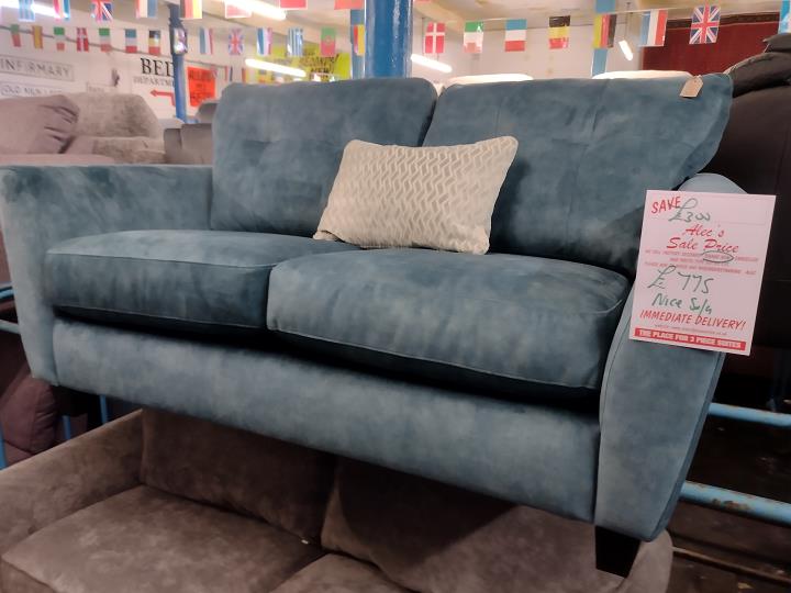 Stylish Blue Velvet Style 2-Seater Fabric Sofa