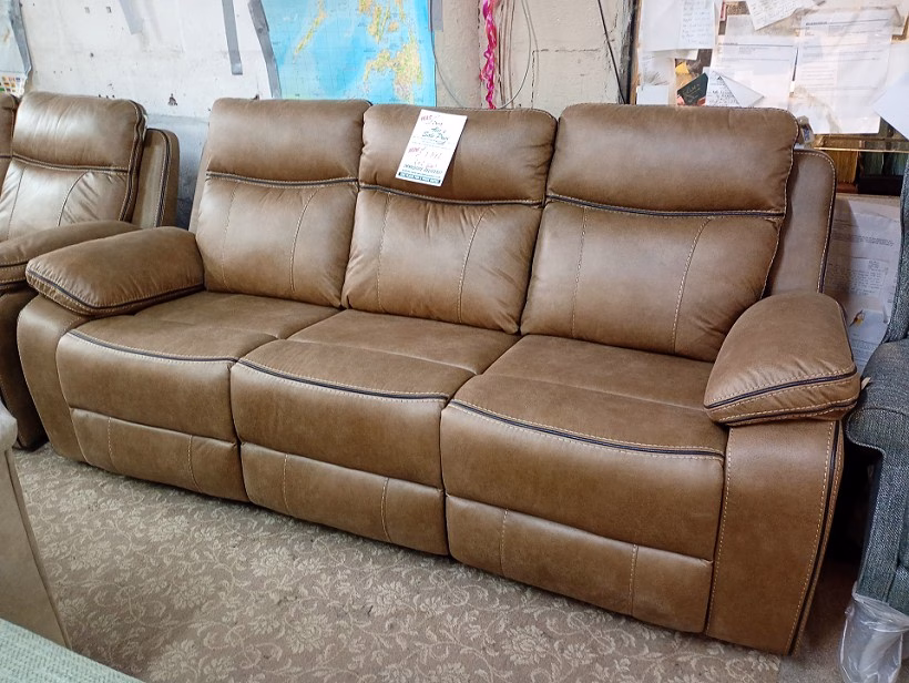 Brown Leather 3 & 2 Seater Sofa Set with Storage Console & Cup Holders