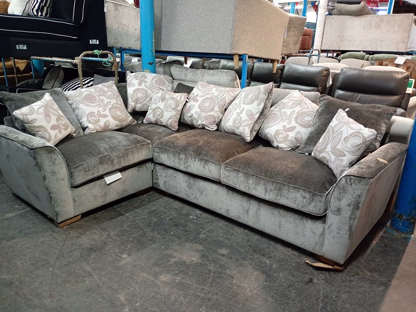 Grey Velvet Left-Hand Facing Corner Sofa with Floral Scatter Cushions