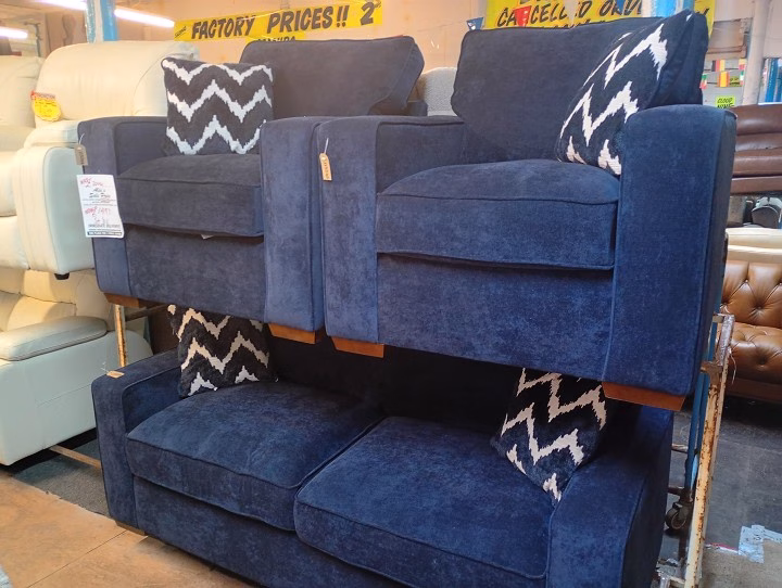 Navy Blue Fabric Sofa & 2 Armchairs Set
