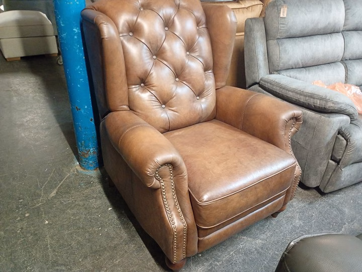 Tan Brown Leather Look Button Back Armchair