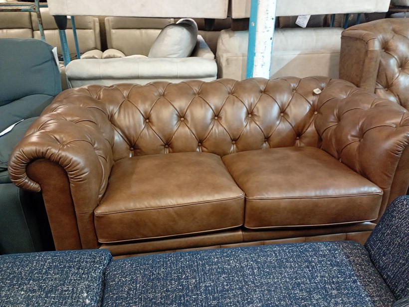 Light Tan Leather Chesterfield 2 Seater and Wingback Armchair