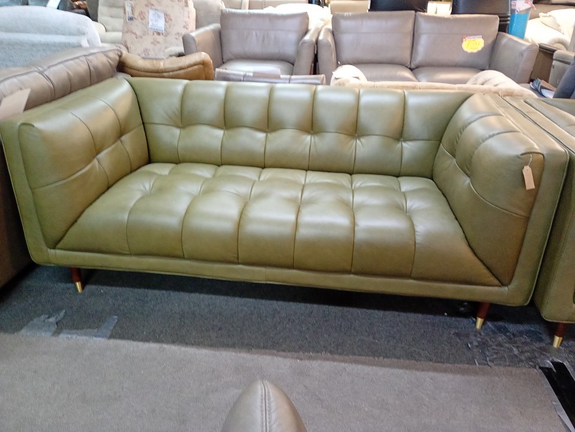 Olive Green Leather Buttoned 3 and 2 Seater Sofa Set