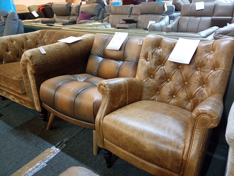 Tan Leather Chesterfield Wingback Armchair and Footstool