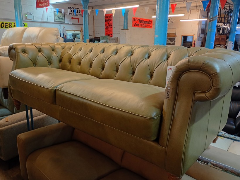 Sage Green Leather Chesterfield 3 Seater Sofa