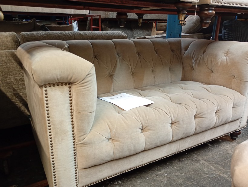 Cream Velvet Buttoned 2 Seater Sofa and 2 Armchairs