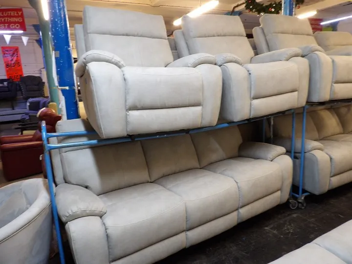 Soft touch microfibre recliner sofa set in a light neutral finish