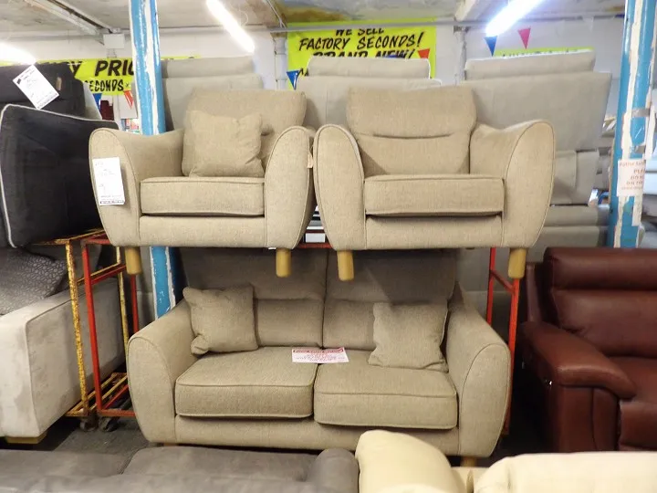 Beige fabric 3 seater sofa with two matching armchairs and wooden legs