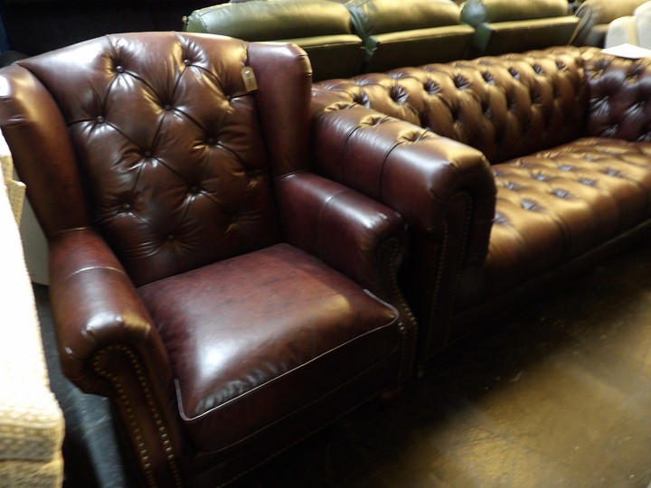 Oxblood Leather Chesterfield 3 Seater and Wingback Armchair Set