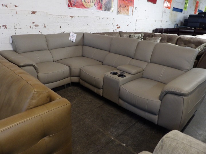 Taupe Leather Corner Sofa with Drinks Console