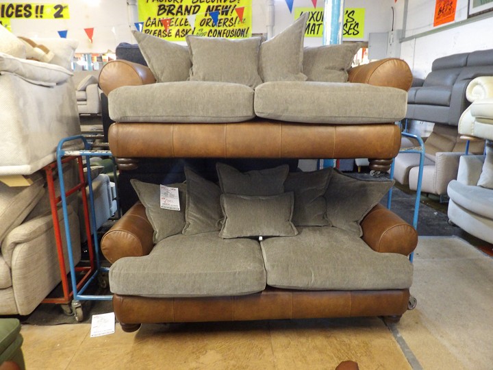 Tan Leather and Grey Fabric Sofa Set