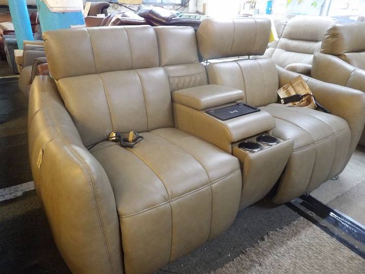 Sand Leather Recliner Sofa with Console