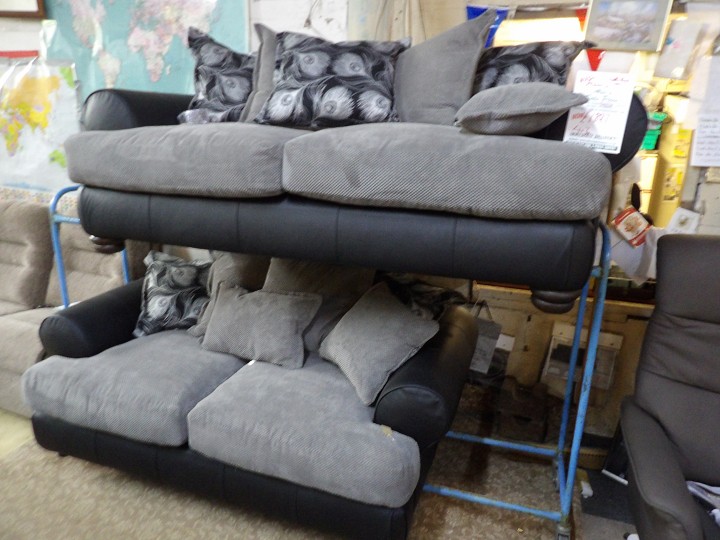 Grey Fabric and Black Leather Sofa Set
