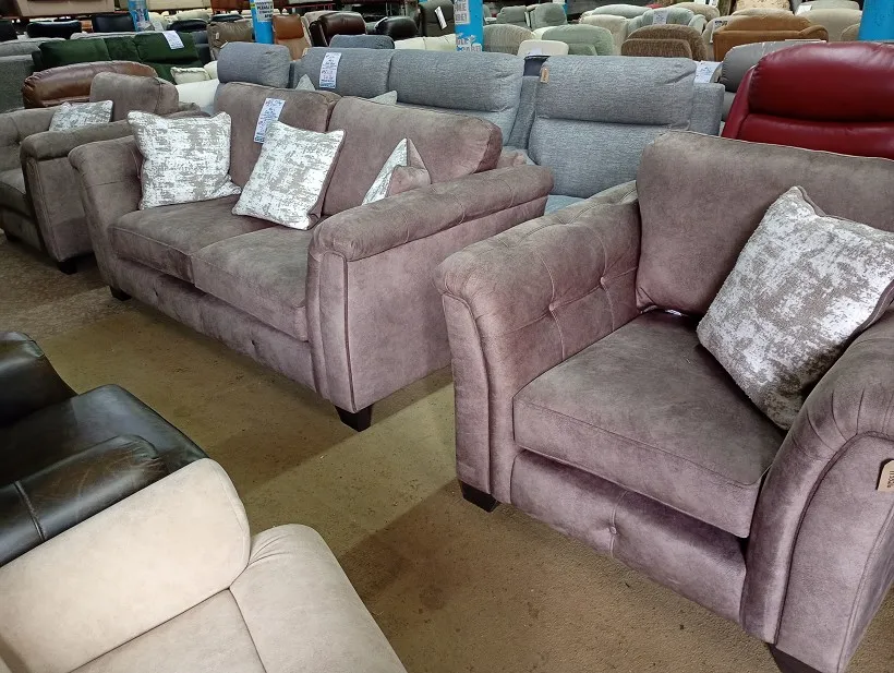 Mauve textured fabric 3 seater sofa and armchair with buttoned backs and scatter cushions
