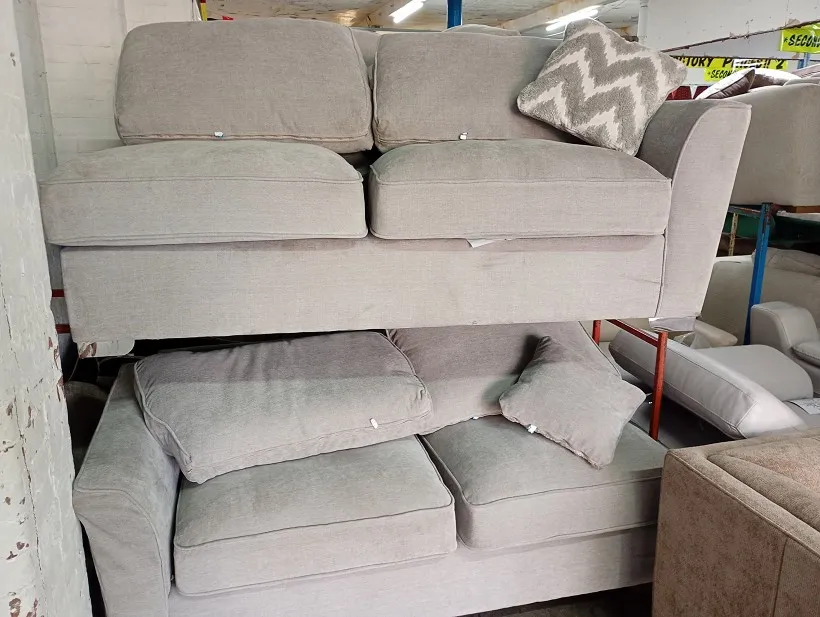 Light grey fabric 2 seater sofa stacked on a 3 seater sofa with scatter cushions, clearance stock