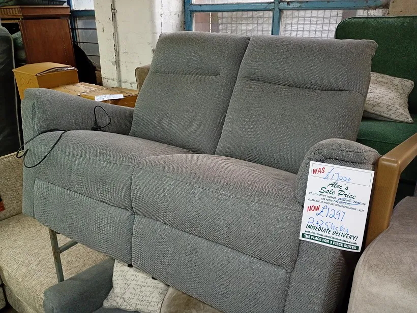 Grey textured weave fabric 2 seater electric recliner sofa with high back and pillow back cushions