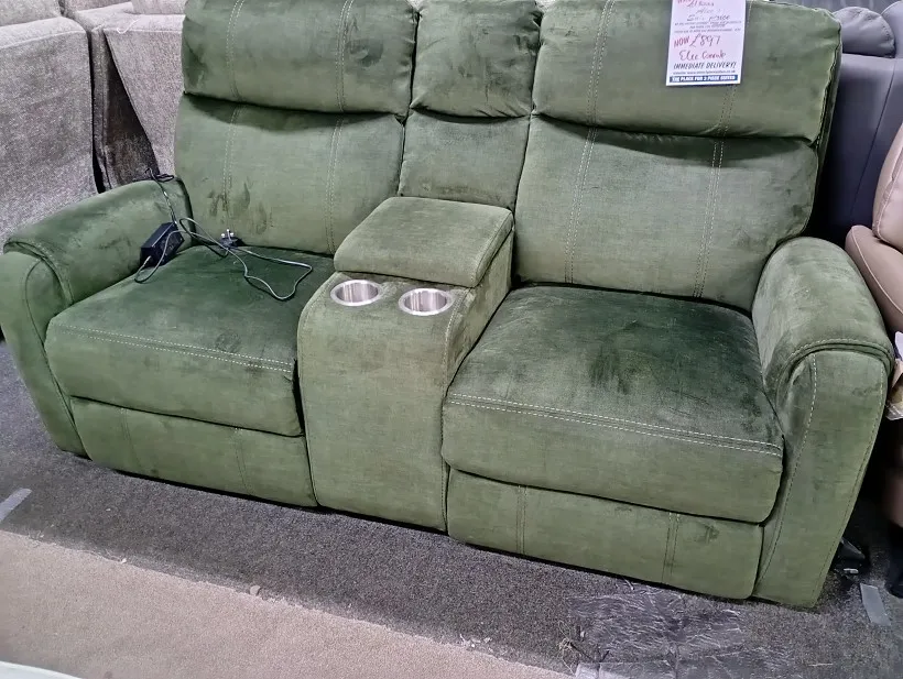 Green velvet fabric 2 seater sofa with recliners and central cup holder console