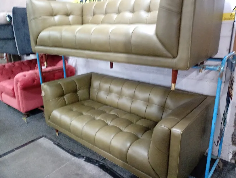 Olive green leather buttoned sofa with wooden legs, shown stacked above a matching two seater sofa