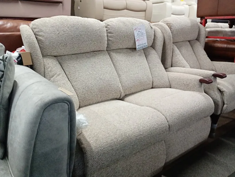 Beige textured weave fabric 3 seater sofa with high back and loose back cushions