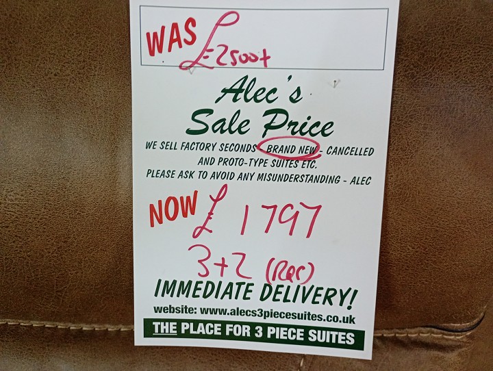 Sofa #1377 at Alec's clearance warehouse, Bolton
