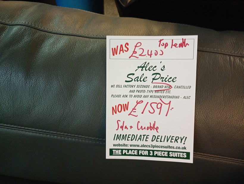 Sofa #1657 at Alec's clearance warehouse, Bolton