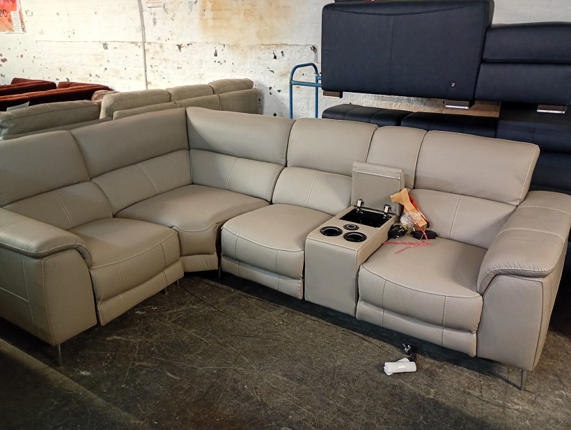 Stone Leather Tech Corner Sofa with Drinks Console