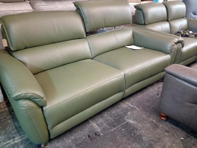 Olive Green Leather 3 and 2 Seater Electric Recliner Set