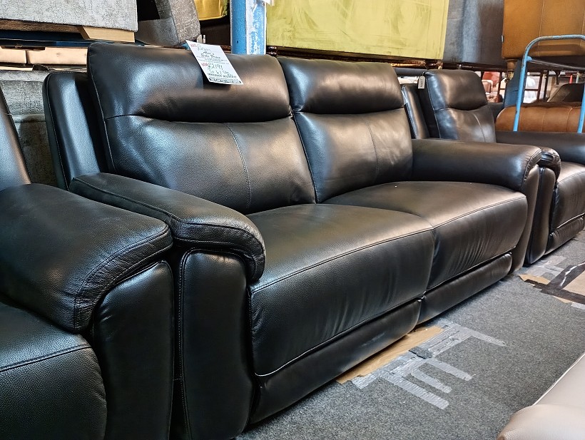 Black Leather 3 Seater and 2 Armchairs Electric Recliner Suite